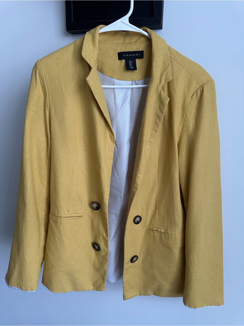 Tahari Mustard Yellow Linen Blend Double Breasted Blazer Jacket Size S - Picture 2 of 6